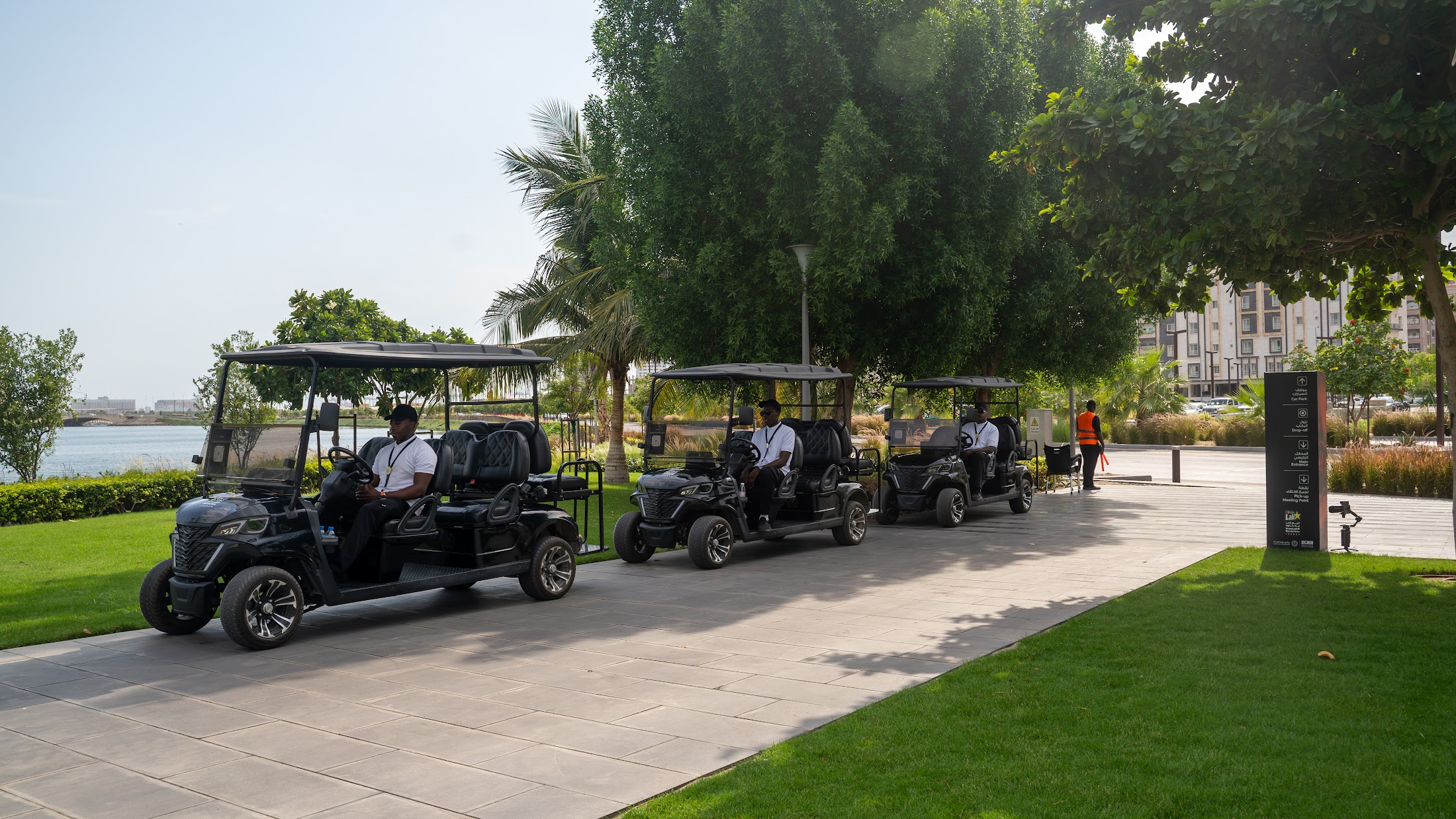 VPM golf carts staged at a waterfront destination