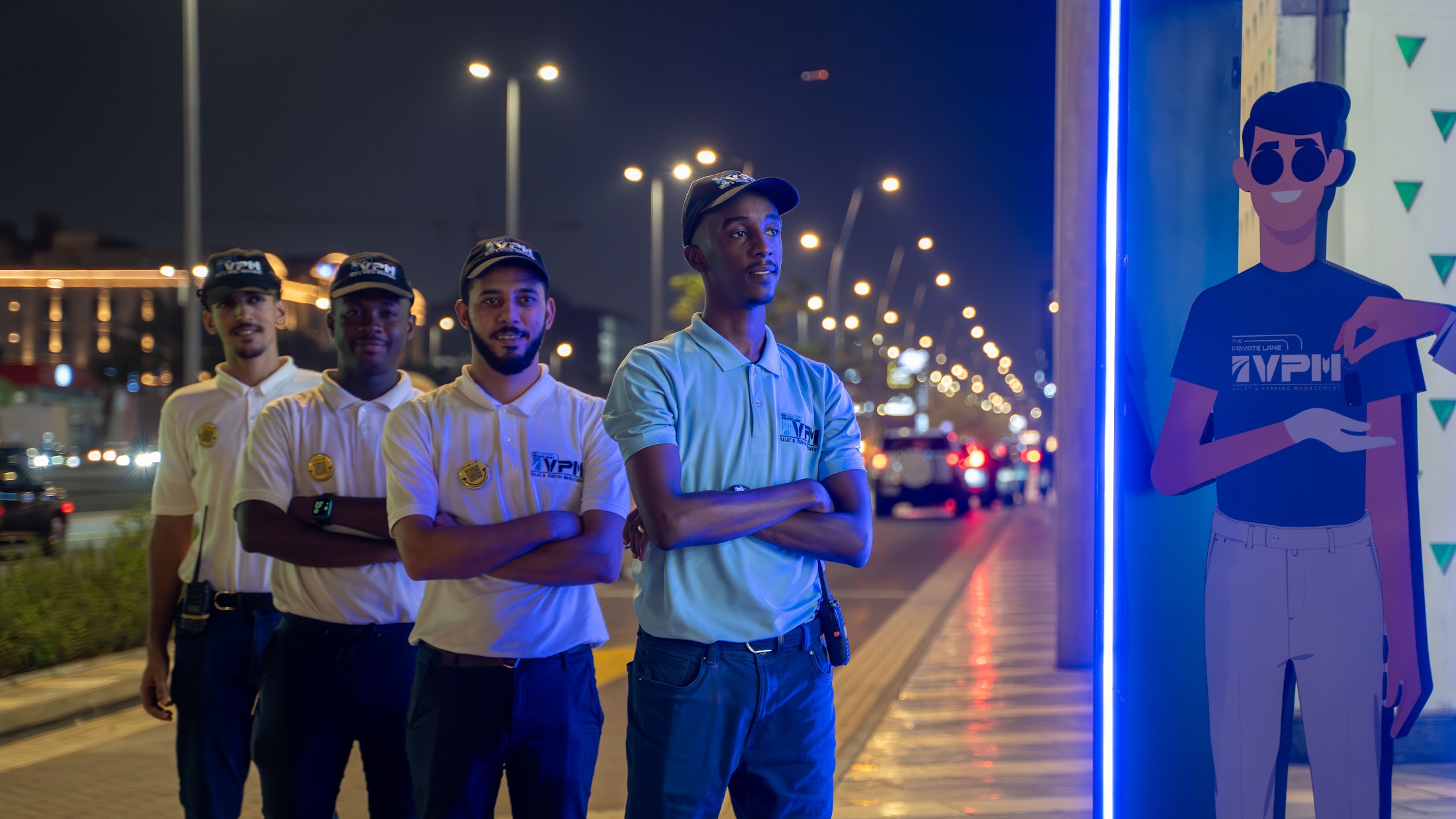 A VPM team on station at a destination at night