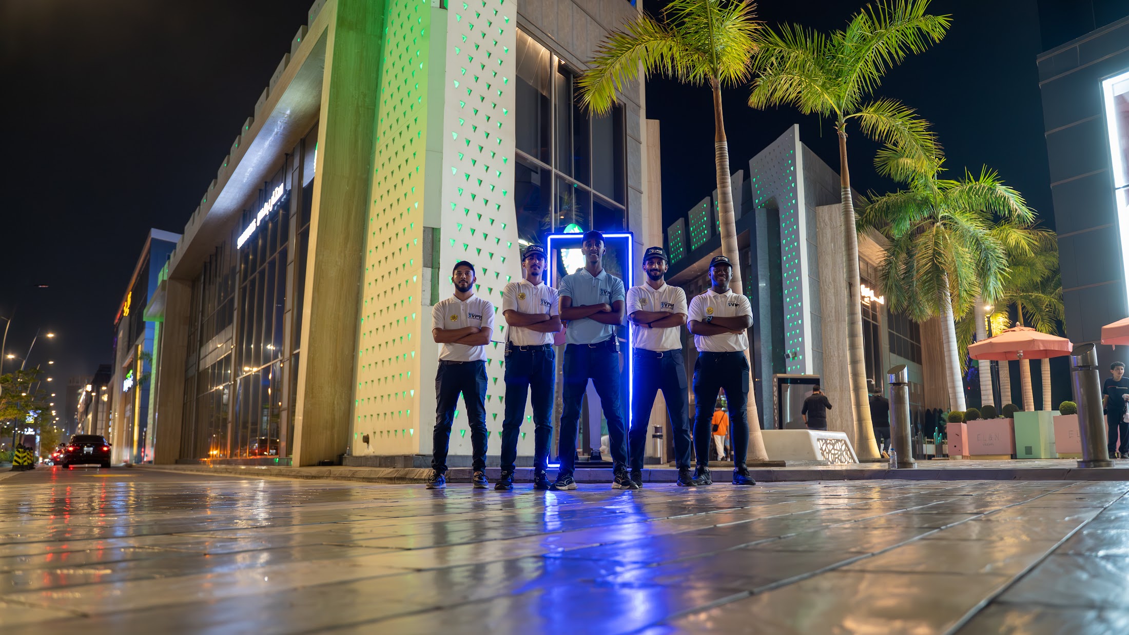 A VPM team on station at a lifestyle destination in the evening